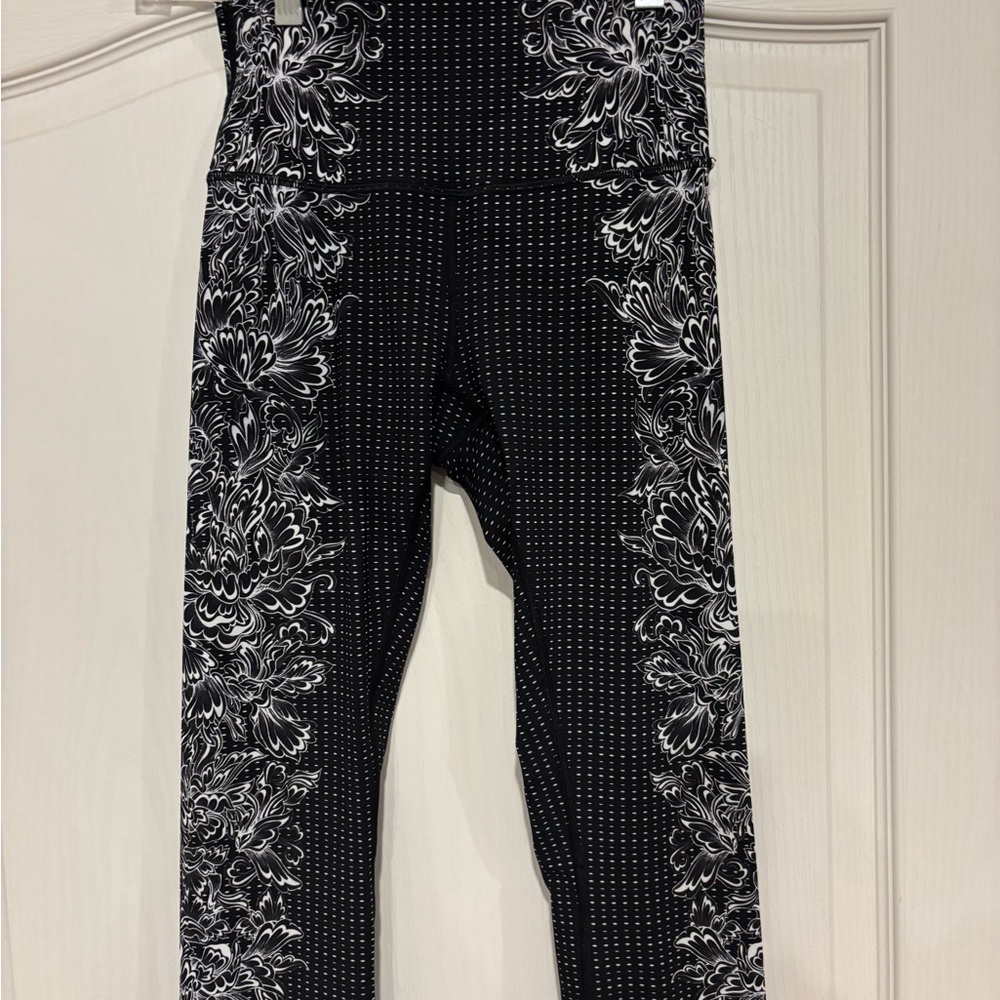 lululemon athletica Black Leggings with White Floral Side Panels